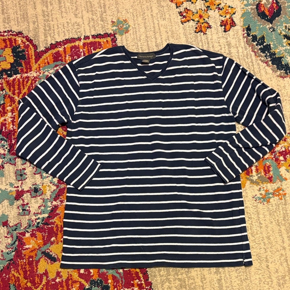 Banana Republic Blue and White Striped Top women’s large 97% cotton